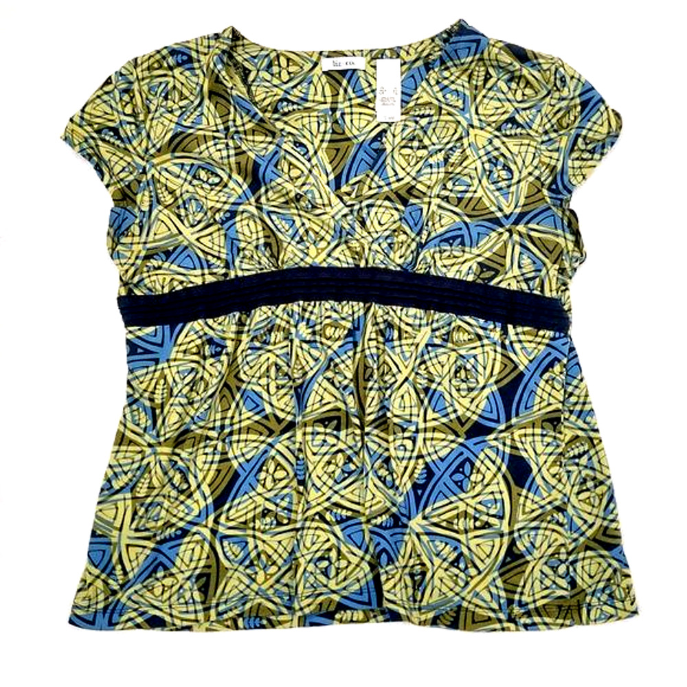Liz & Co Women's XL Blouse Green Blue V-Neck Empire Waist Short Sleeves Cotton